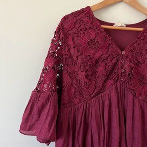 Kings Road Wine Red Lace Eyelet Boho Bell Sleeve Midi Dress 1X